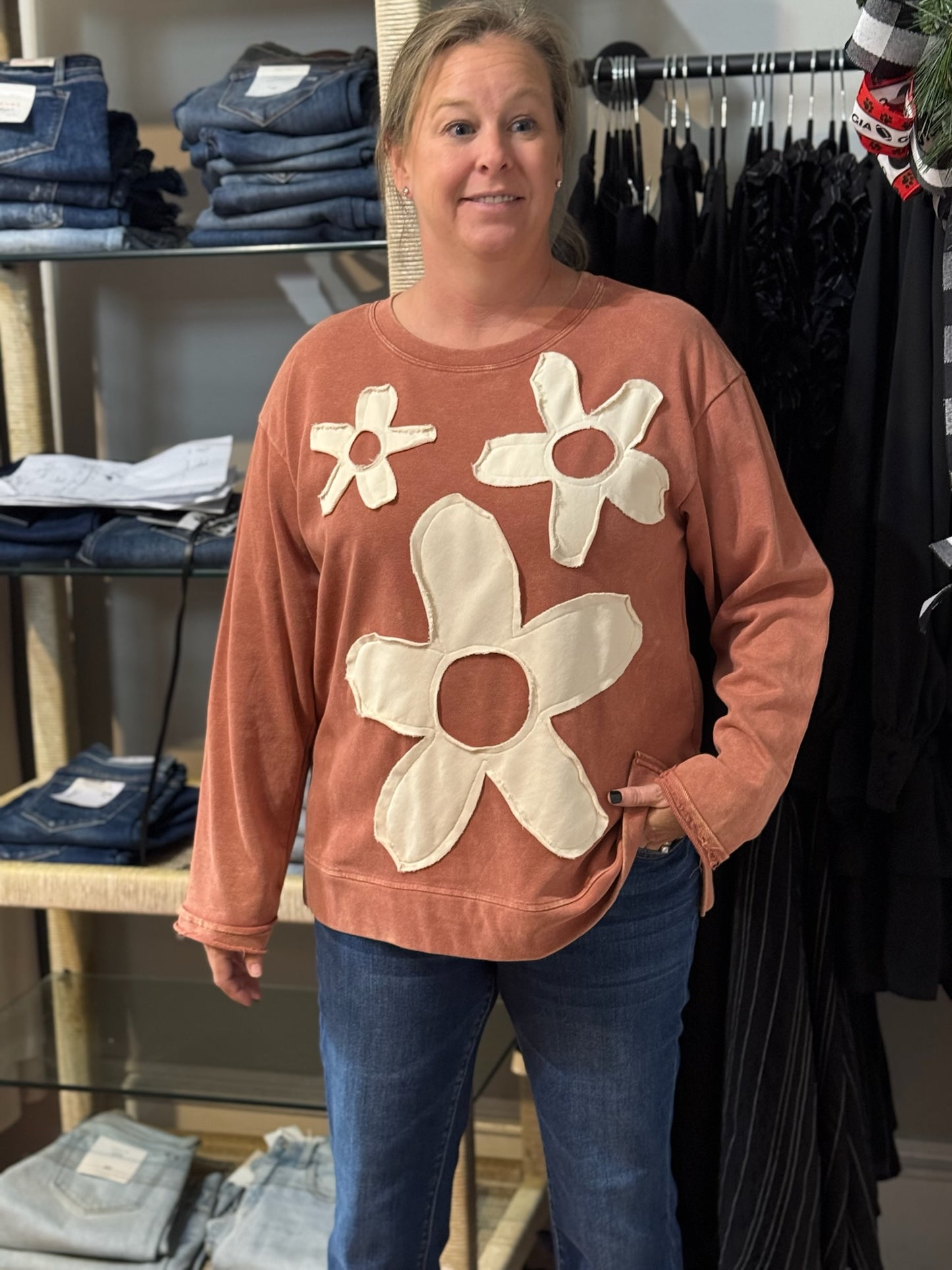 Brick Longlseeve top with Ivory flowers