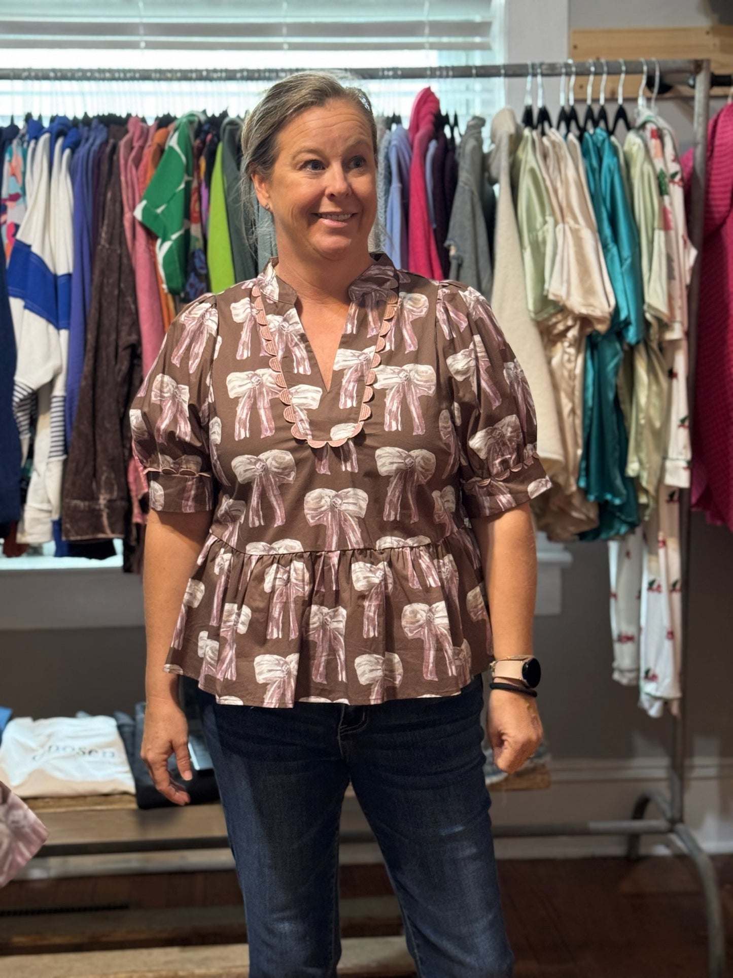 Brown Top with Pink Bowes
