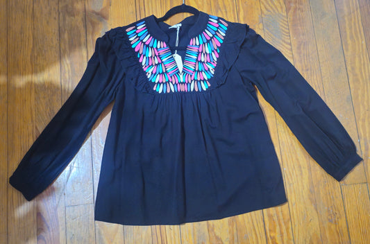 BLACK LONG SLEEVE TOP WITH MULIT COLOR NECK DESIGN