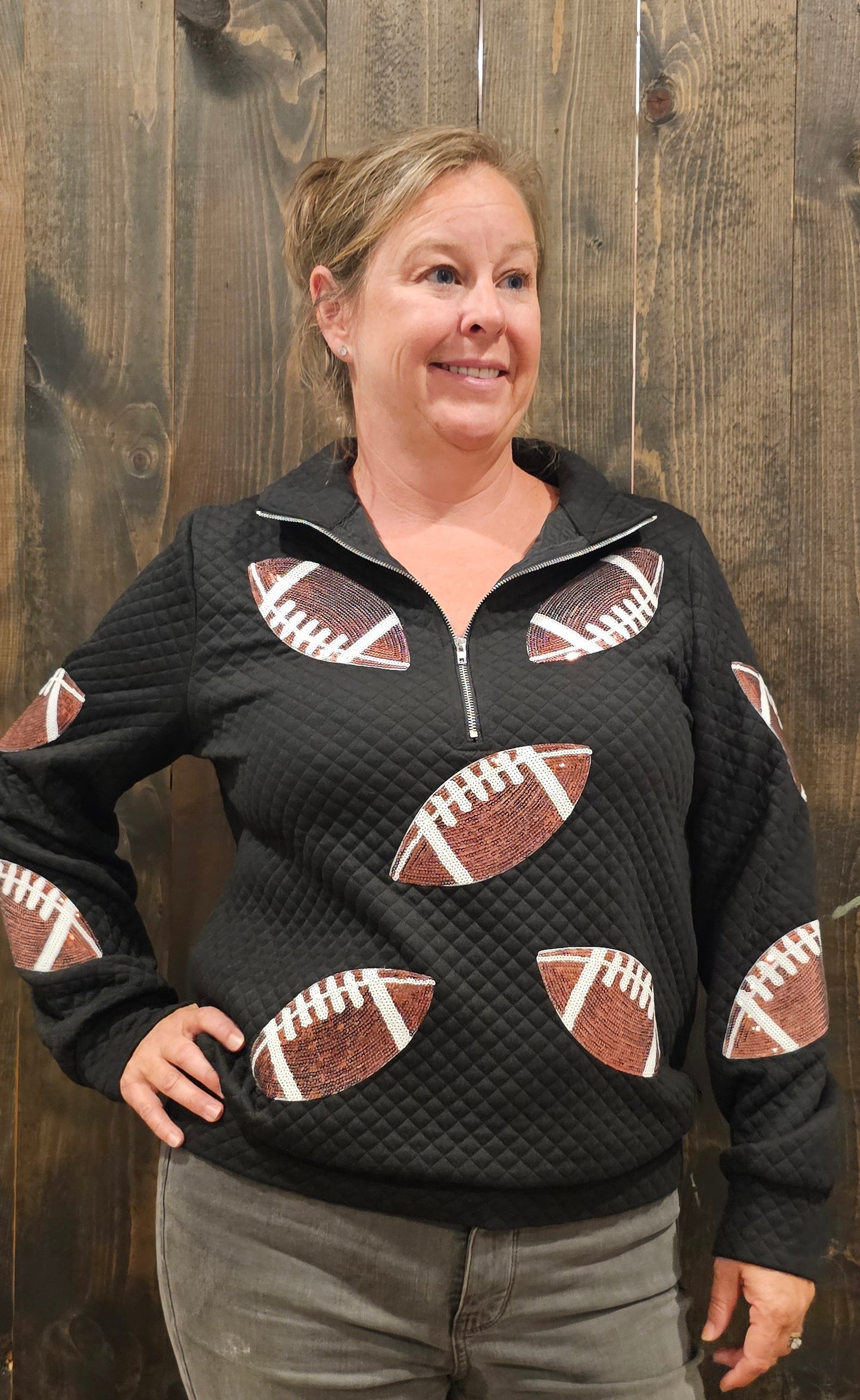 Quilted Black Sequin Football Pullover